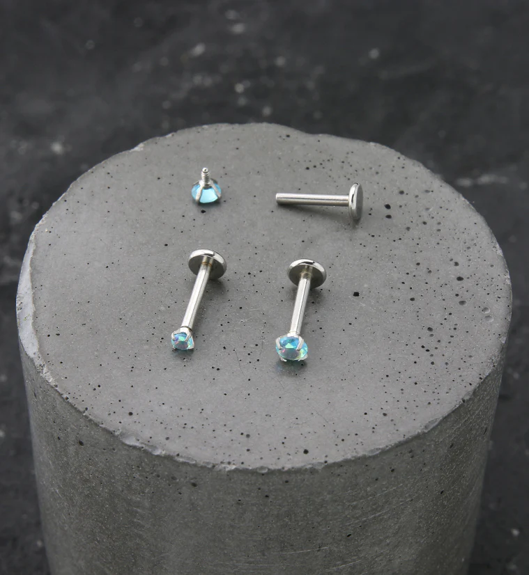 Blue Aurora Prong CZ Stainless Steel Internally Threaded Labret - Mrs Treak