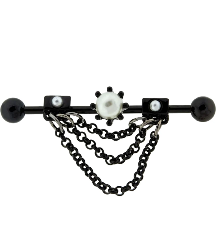 Black PVD Pearl Dangle Chain Industrial Barbell - Mrs Treak