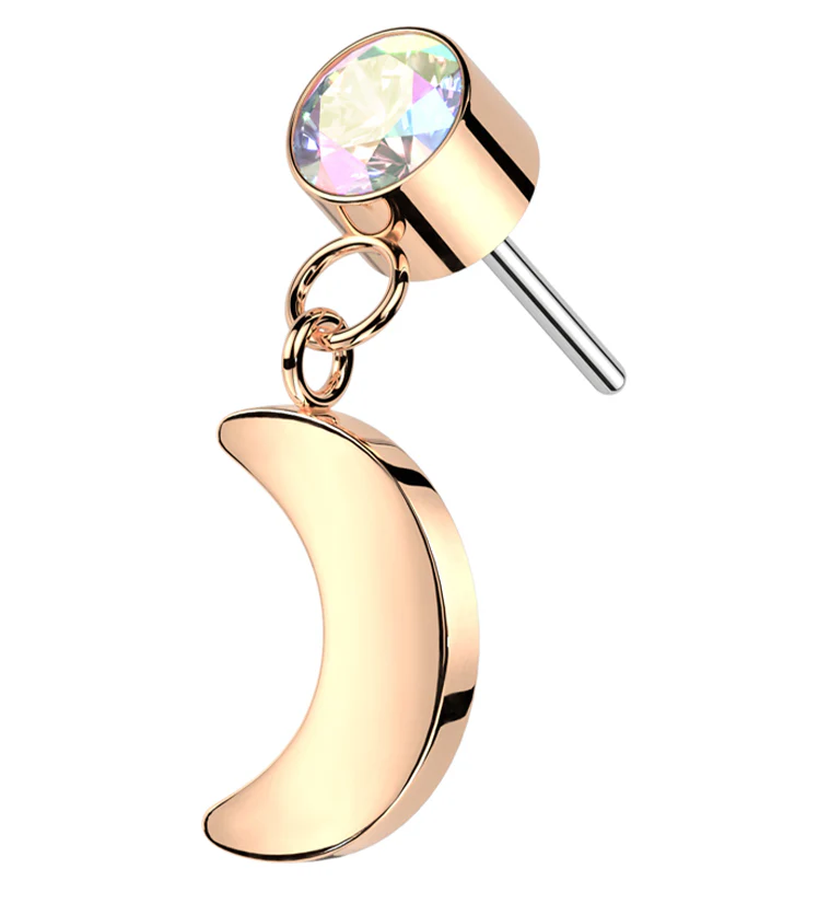 Rose Gold PVD Rainbow Aurora CZ Dangle Crescent Moon Titanium Threadless Top - Mrs Treak