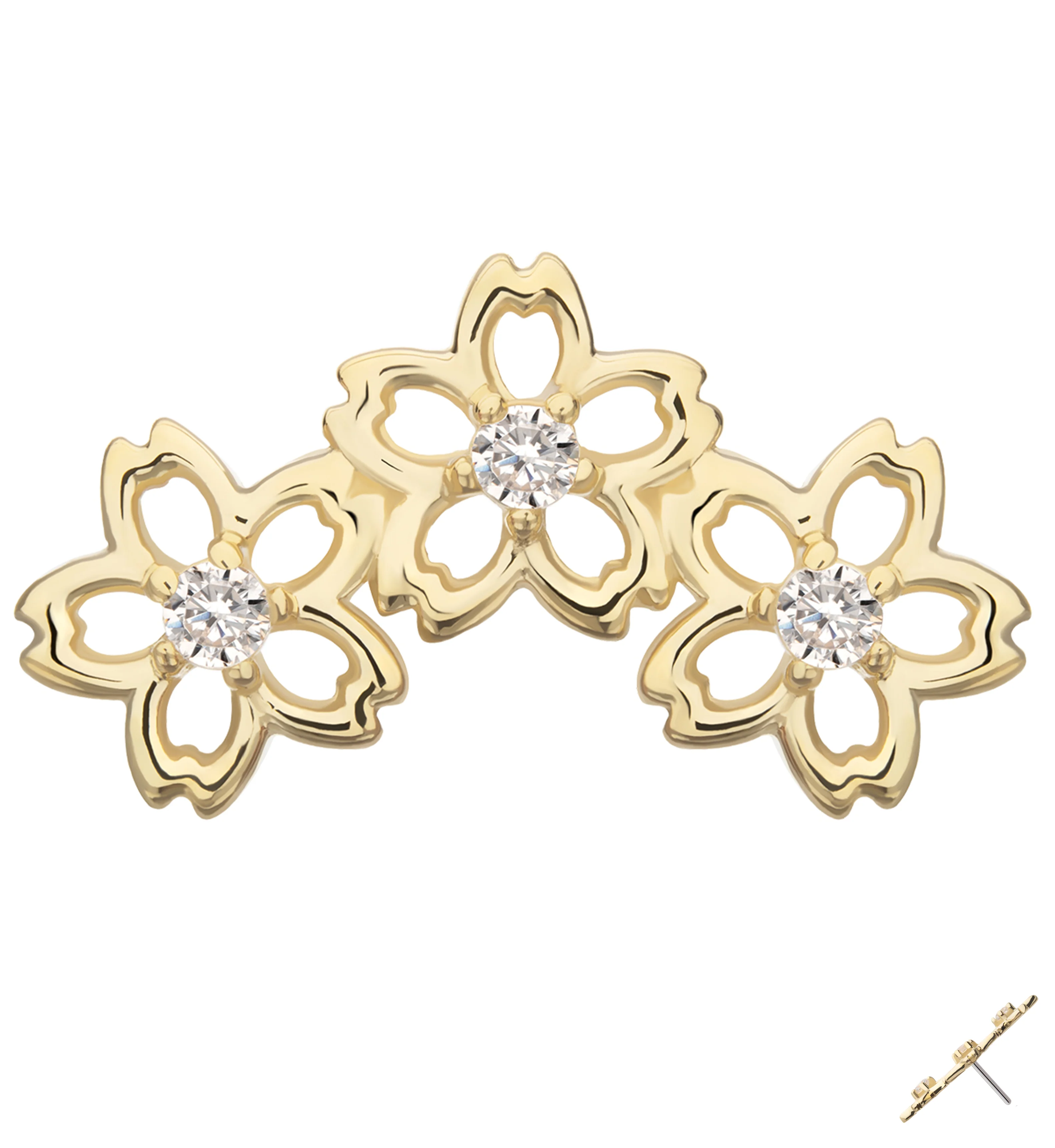 14kt Gold Triple Floral Blossom Clear CZ Threadless Top - Mrs Treak