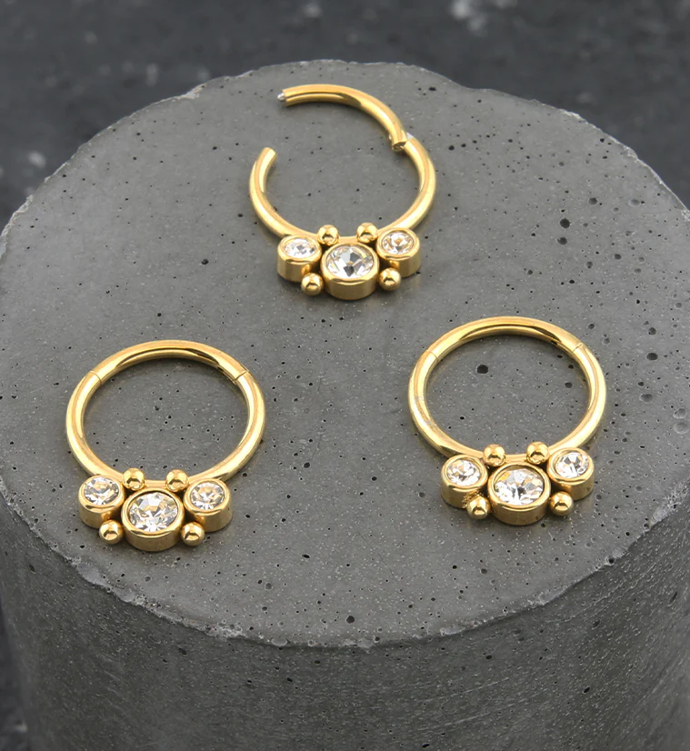 Gold PVD Triple Beaded Clear CZ Stainless Steel Hinged Segment Ring - Mrs Treak