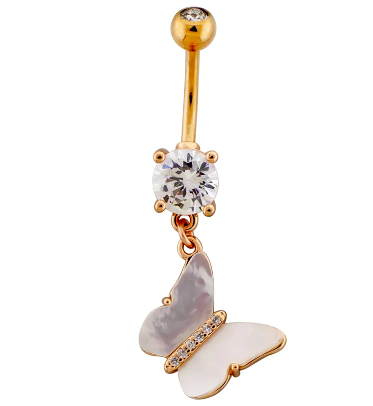 Rose Gold PVD MOP Butterfly Dangle Stainless Steel Belly Button Ring - Mrs Treak