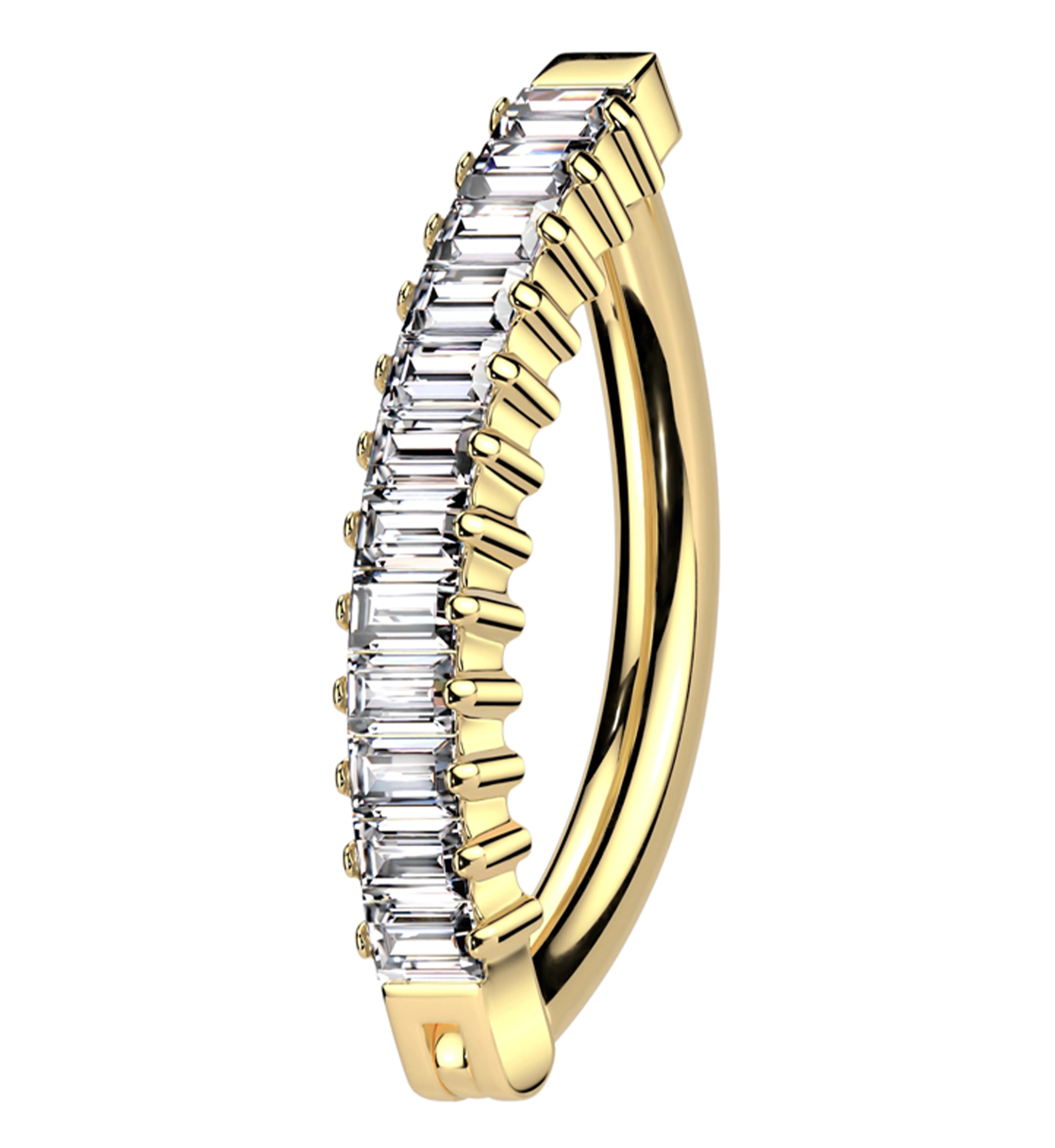 Gold PVD Baguette Clear CZ Row Titanium Hinged Belly Button Ring - Mrs Treak