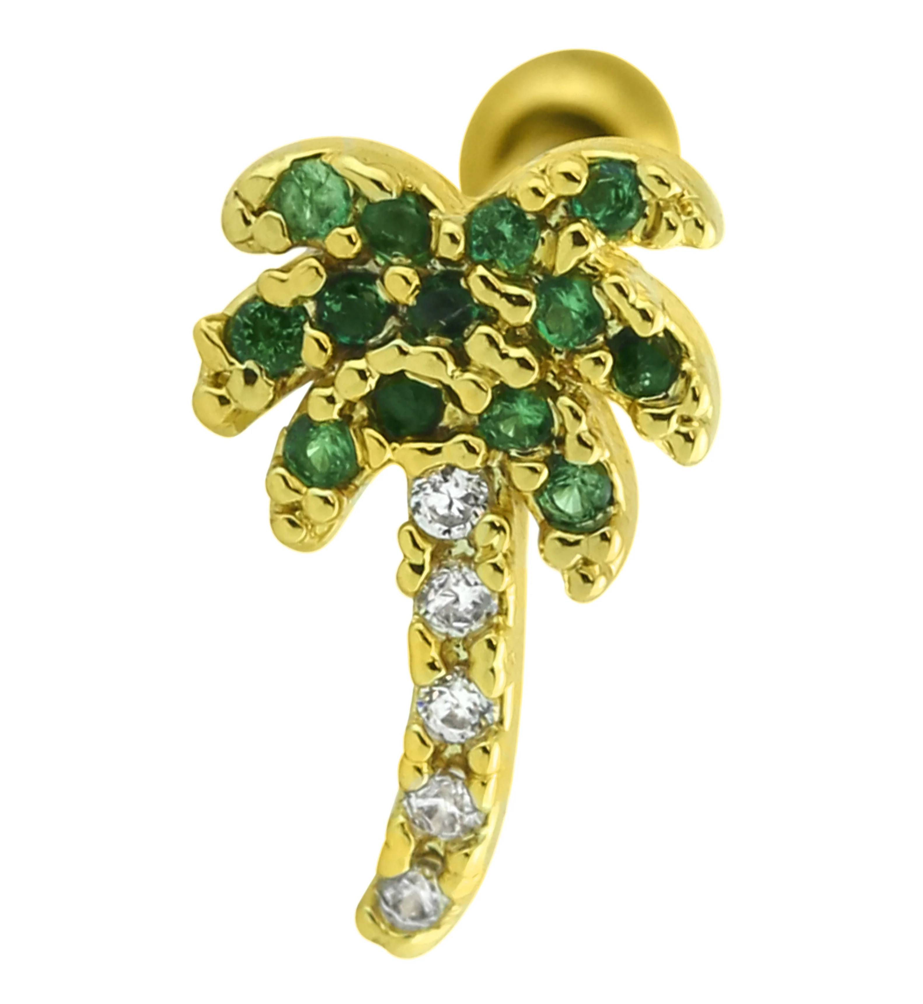 Gold PVD Palm Tree Green CZ Cartilage Barbell - Mrs Treak