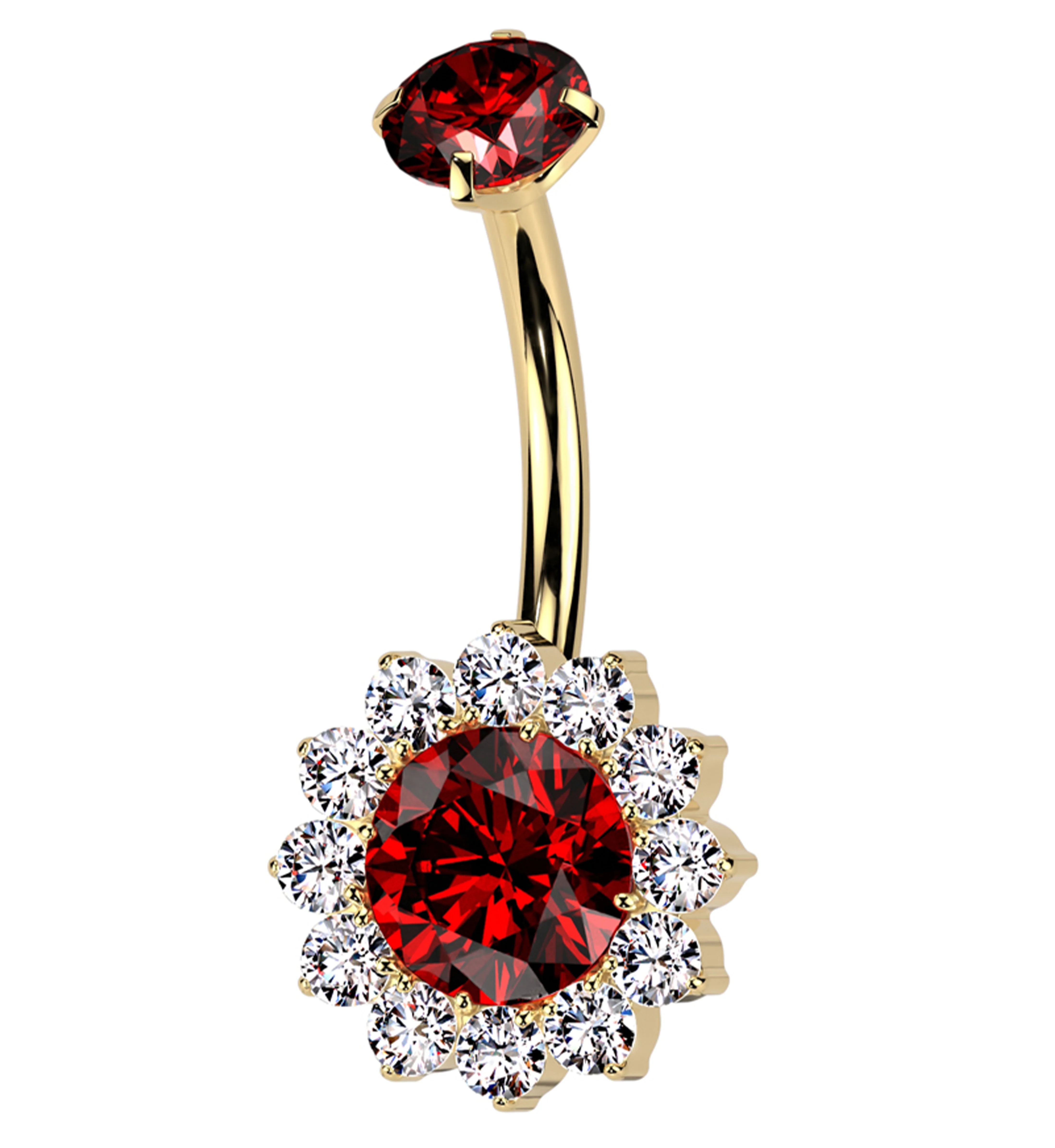 Gold PVD Red CZ Bold Flower Titanium Internally Threaded Belly Button Ring - Mrs Treak