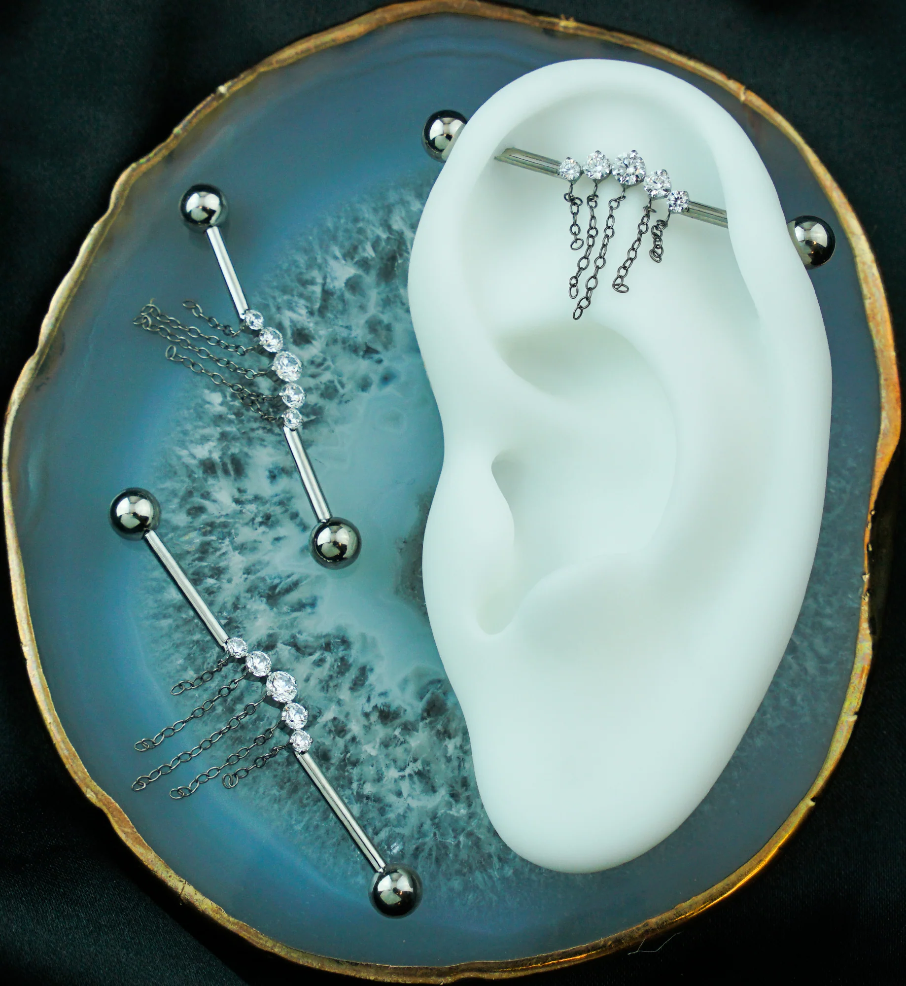 Arch Clear CZ Five Chain Dangle Internally Threaded Titanium Industrial Barbell - Mrs Treak