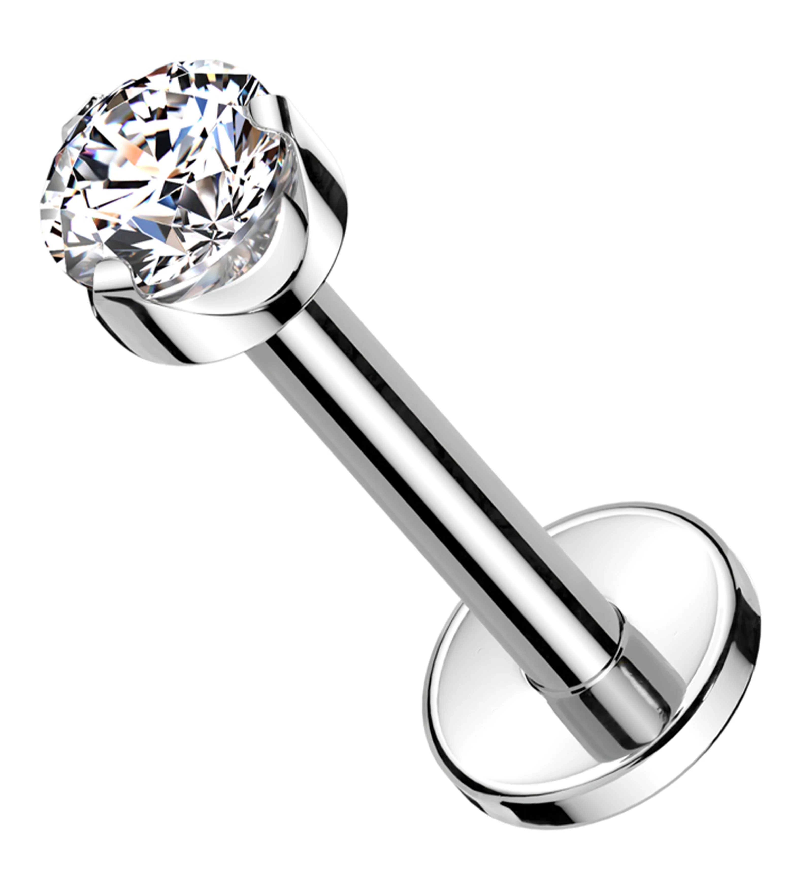 Flat Back Prong Clear CZ Internally Threaded Titanium Labret - Mrs Treak