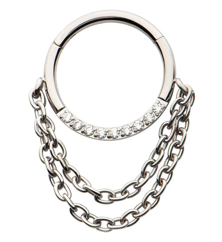 Pave Clear CZ Dual Dangle Chain Stainless Steel Hinged Segment Ring - Mrs Treak