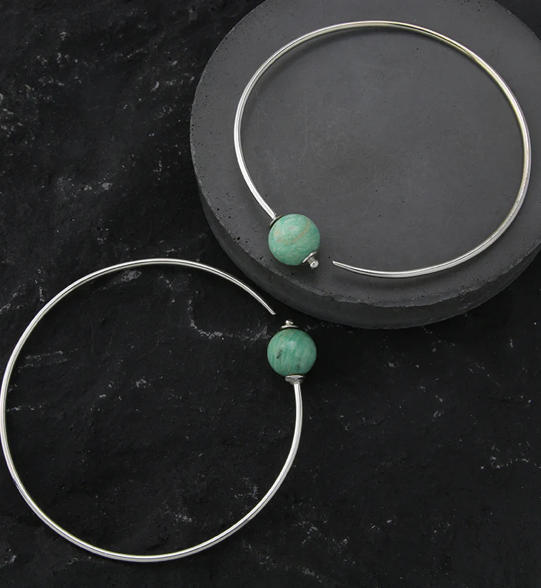 Amazonite Stone Orb White Brass Hangers / Plug Hoops - Mrs Treak