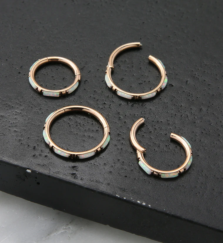 Rose Gold PVD Oblong White Opalite Edge Hinged Segment Ring - Mrs Treak