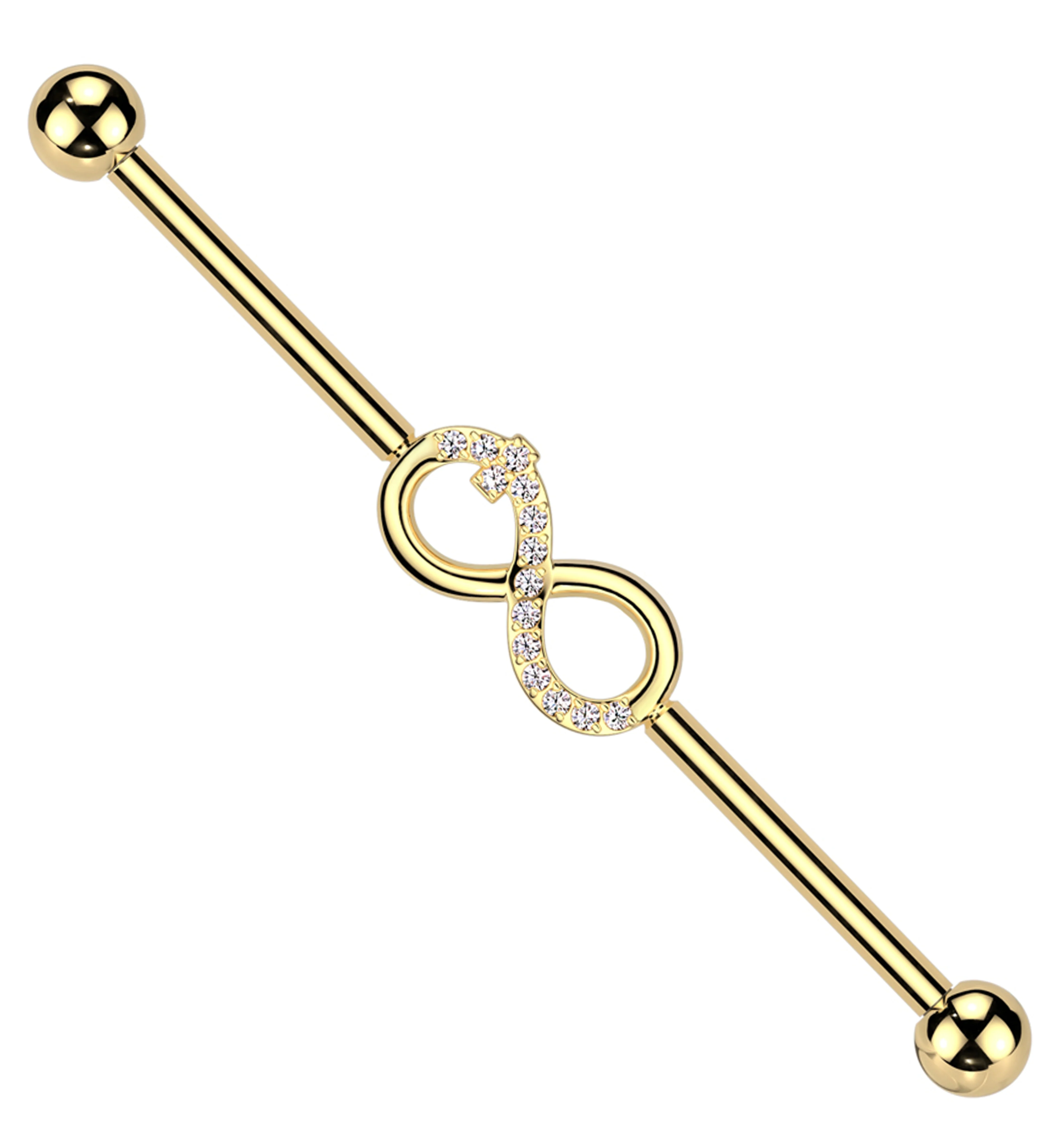 Gold PVD Infinity Symbol Clear CZ Internally Threaded Titanium Industrial Barbell - Mrs Treak