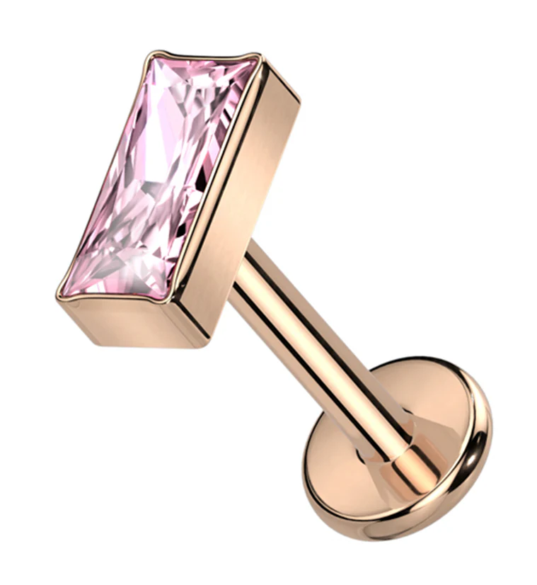 Rose Gold PVD Baguette Pink CZ Internally Threaded Titanium Labret - Mrs Treak