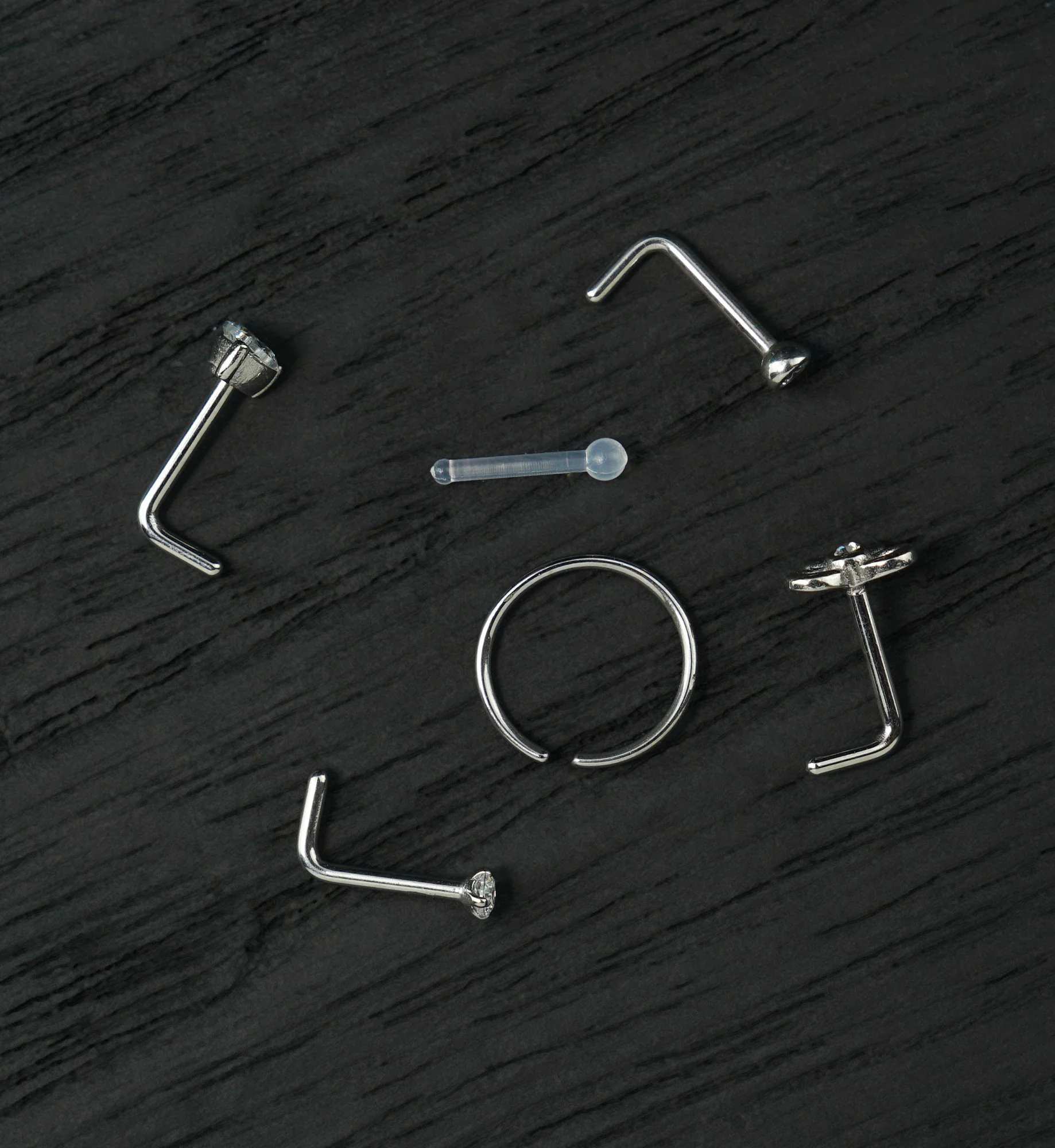 Demure Clear CZ Stainless Steel L Bend/Stud/Hoop Variety Nose Ring Pack (6 pc) - Mrs Treak