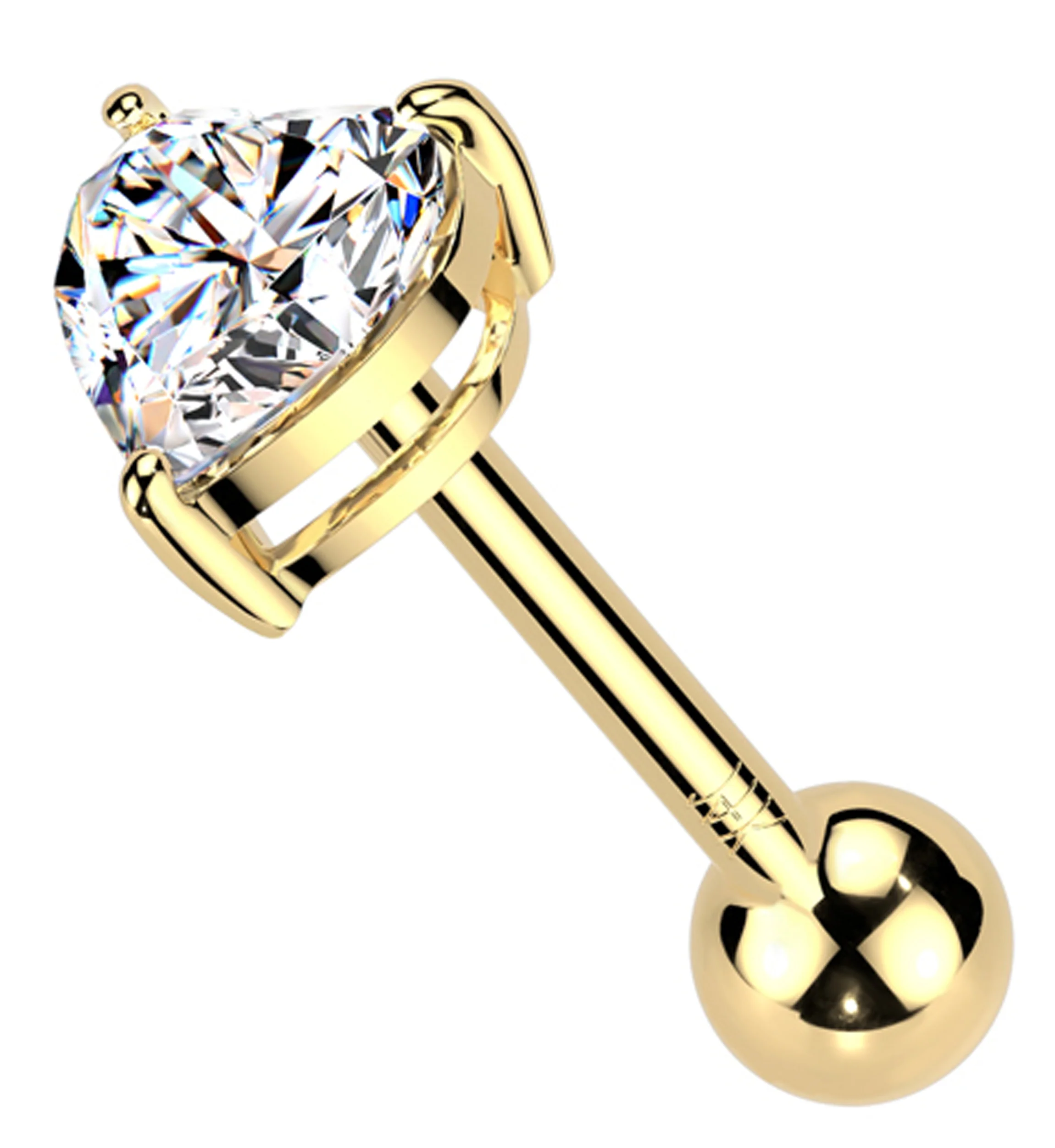 14kt Gold Heart Clear CZ Threadless Cartilage Barbell - Mrs Treak