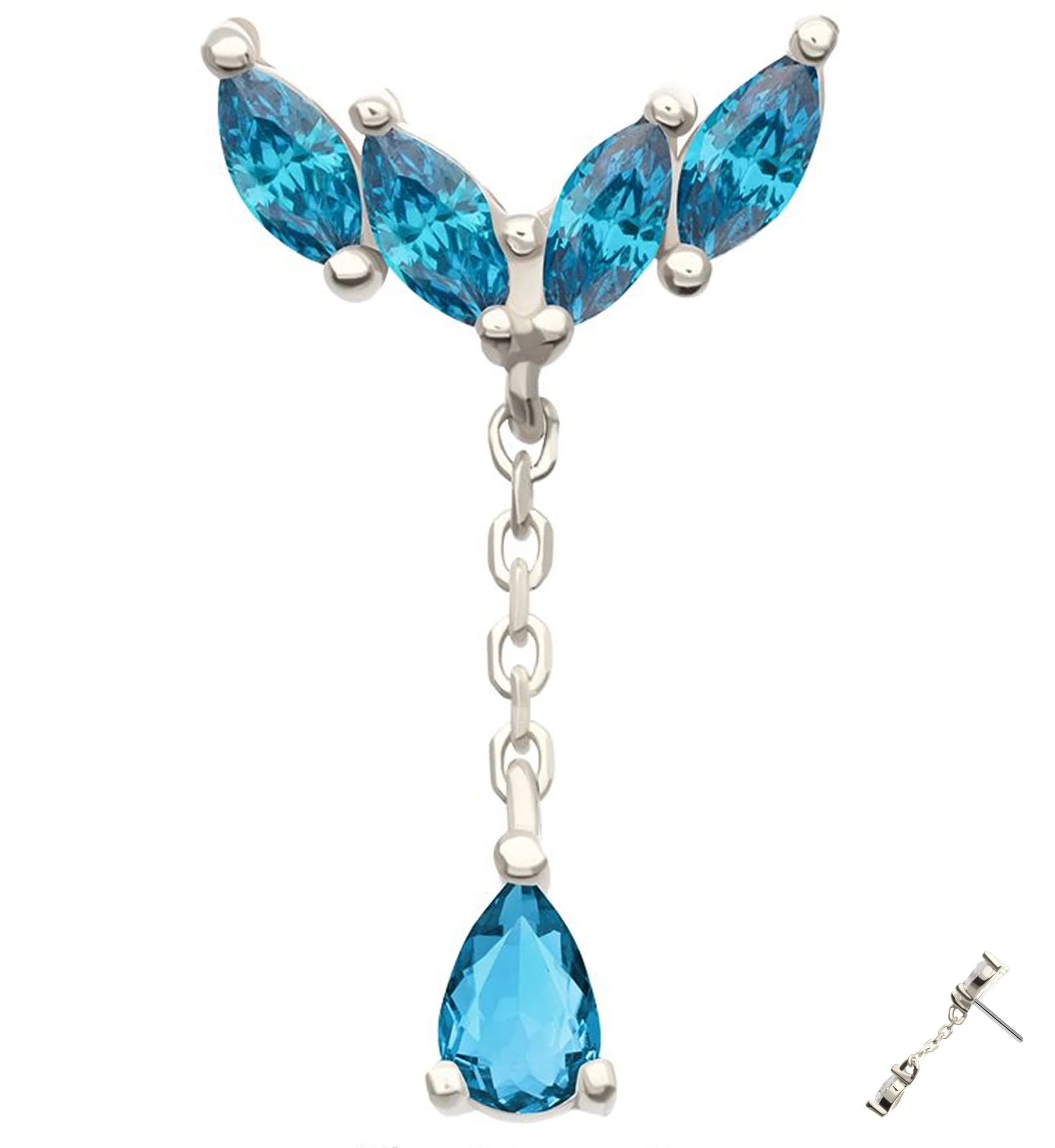 14kt White Gold Arrow Marquise Blue Topaz CZ Dangle Threadless Top - Mrs Treak