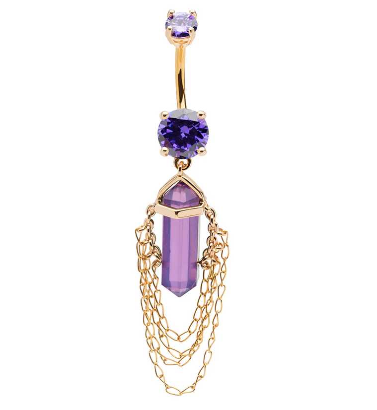 Gold PVD Amethyst Crystal Multi Dangle Chain Stainless Steel Belly Button Ring - Mrs Treak