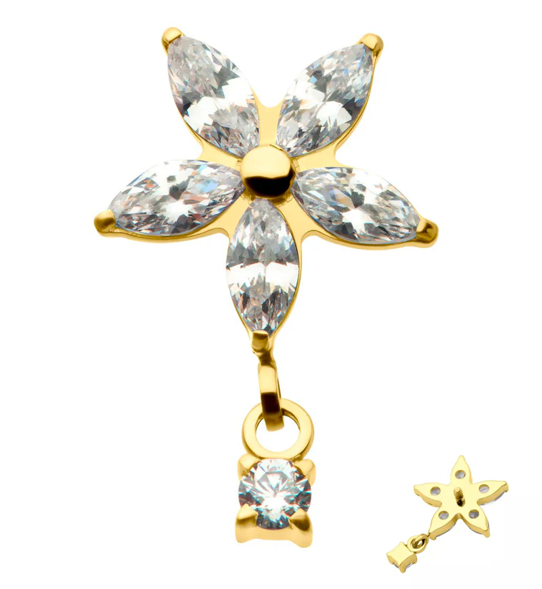 24kt Gold PVD Flower Dangle CZ Internally Threaded Titanium Top - Mrs Treak