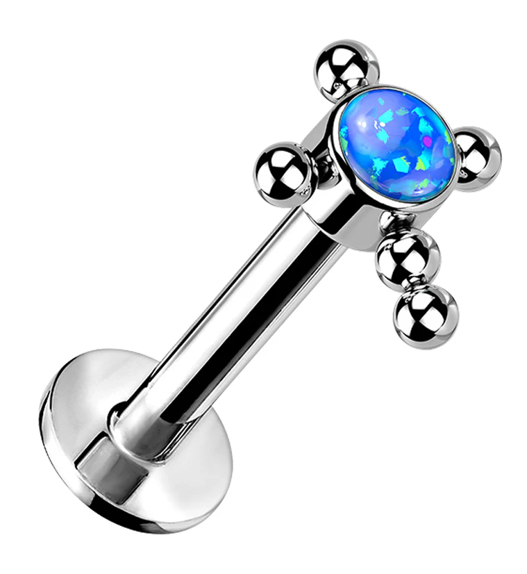 Beaded Cross Blue Opalite Titanium Threadless Labret - Mrs Treak