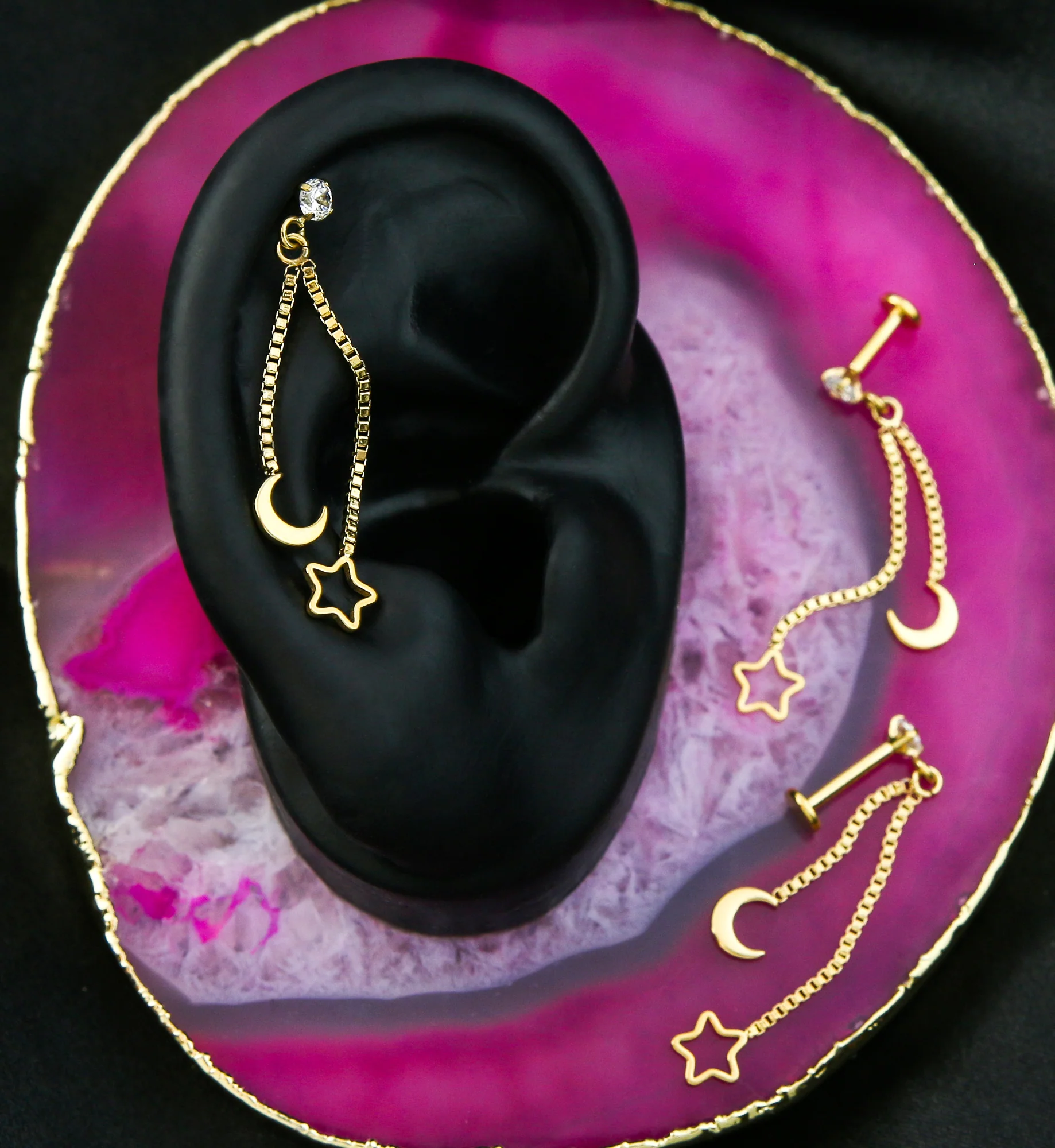 Gold PVD Double Dangle Moon And Star Clear CZ Stainless Steel Internally Threaded Labret - Mrs Treak