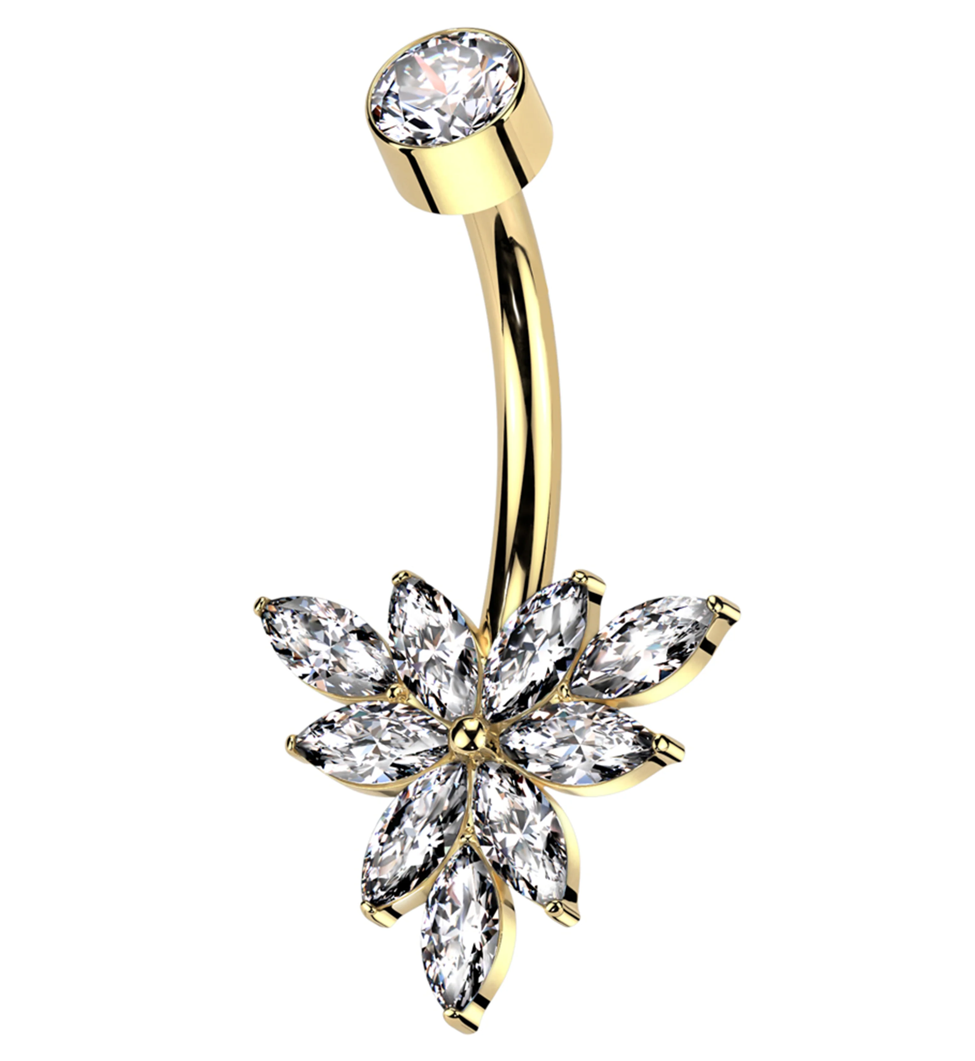 Gold PVD Triangle Marquise Flower Clear CZ Internally Threaded Titanium Belly Button Ring - Mrs Treak