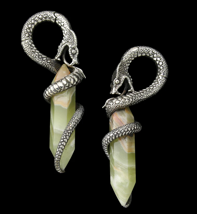 Green Onyx Stone Cobra White Brass Hinged Ear Weights - Mrs Treak