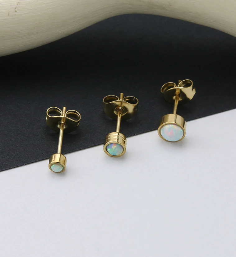 Gold PVD Bezel White Opalite Stainless Steel Earrings - Mrs Treak