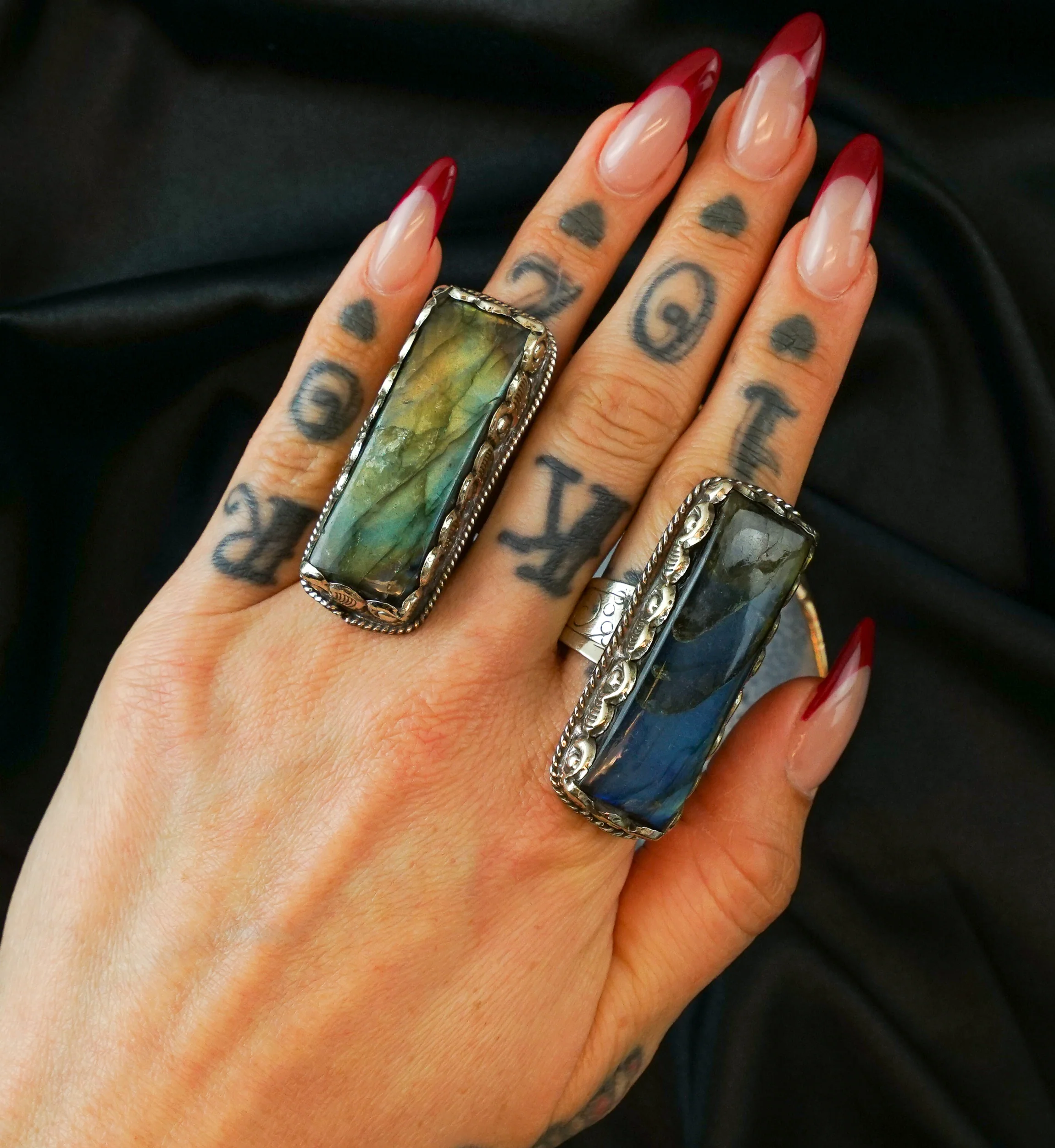 Ornate Rectangle Labradorite Stone White Brass Ring - Mrs Treak