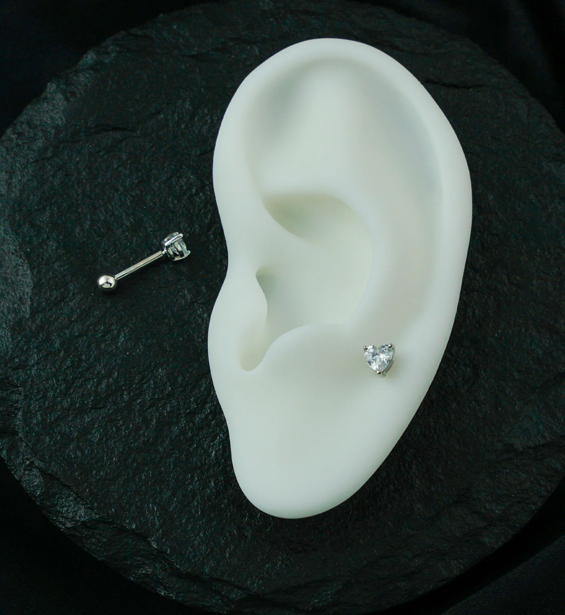 14kt White Gold Heart Clear CZ Threadless Cartilage Barbell - Mrs Treak