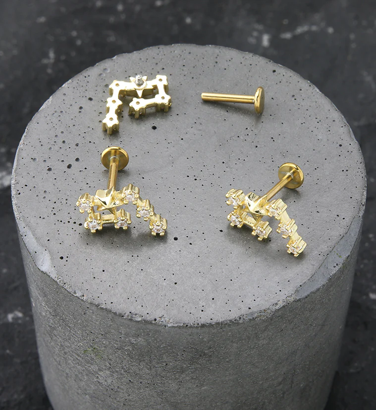 Gold PVD Aquarius Constellation Clear CZ Stainless Steel Internally Threaded Labret - Mrs Treak