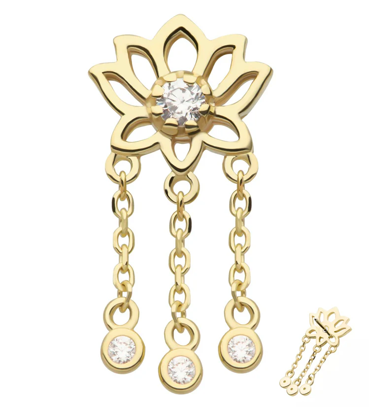 14kt Gold Lotus Flower Clear CZ Dangle Chains Threadless Top - Mrs Treak
