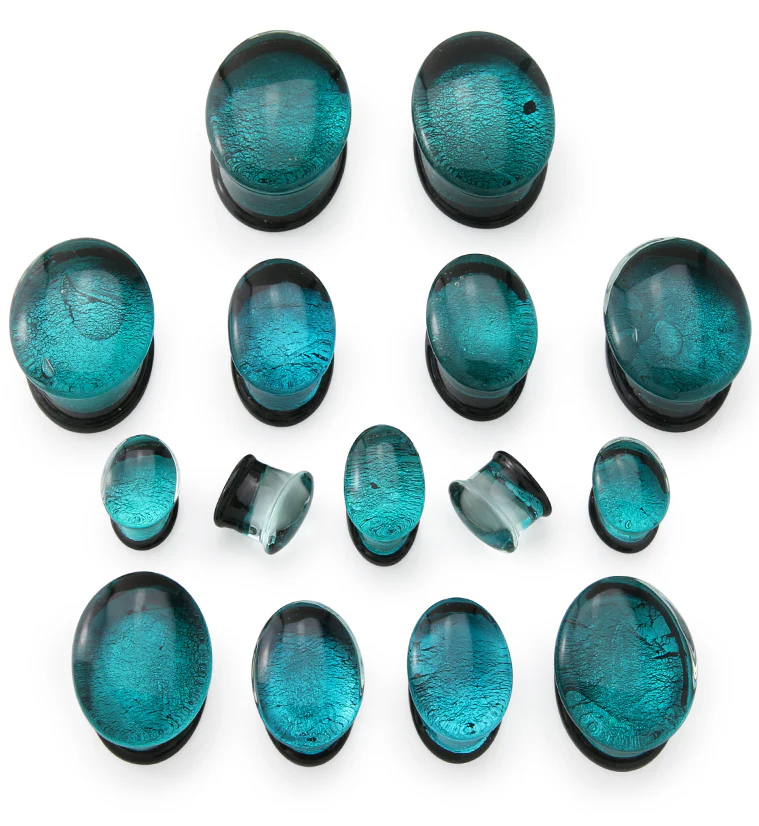 Oval Teal Dichroic Glass Double Flare Plugs - Mrs Treak