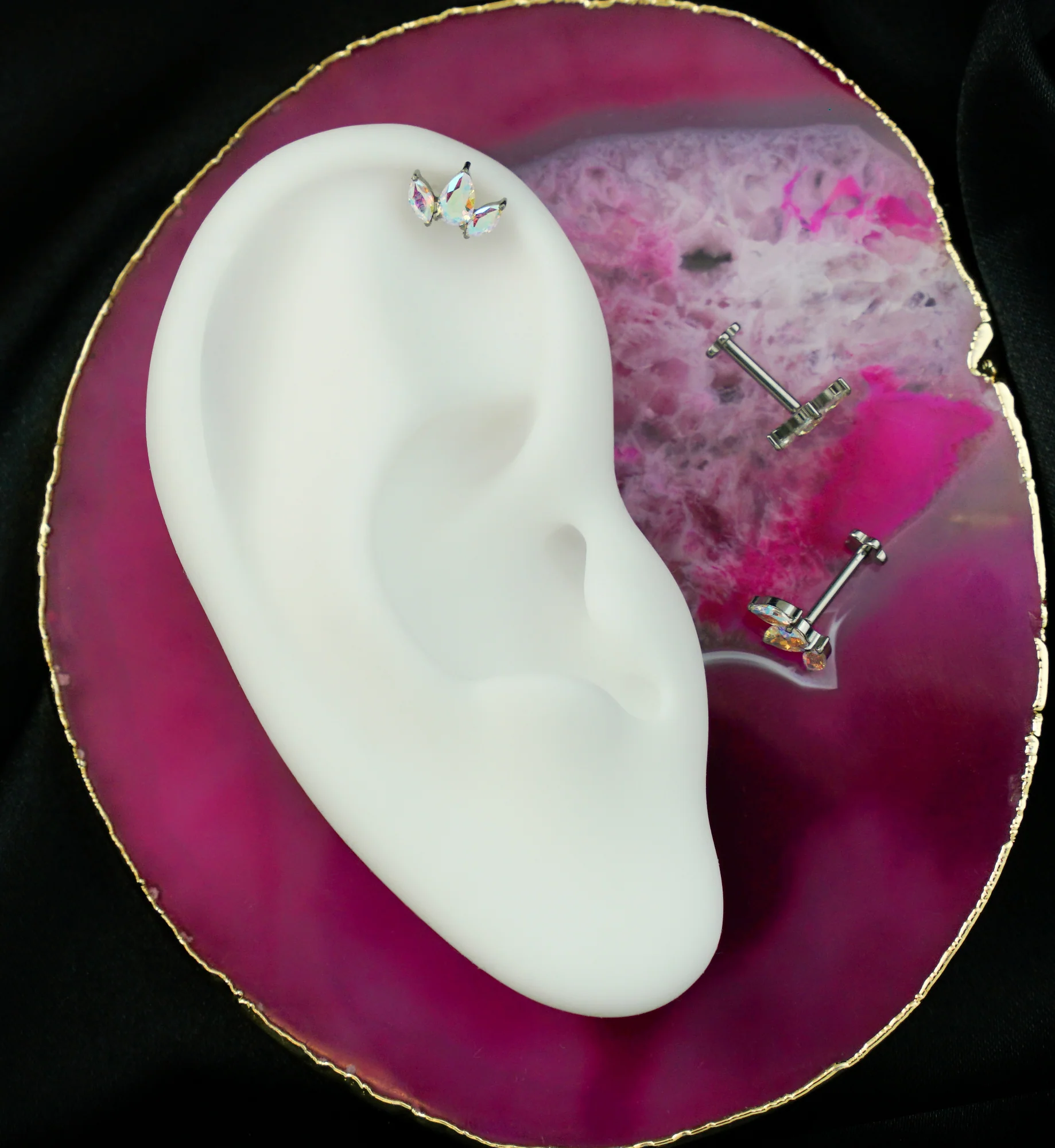 Sepal Rainbow Aurora CZ Flower Back Titanium Threadless Labret - Mrs Treak