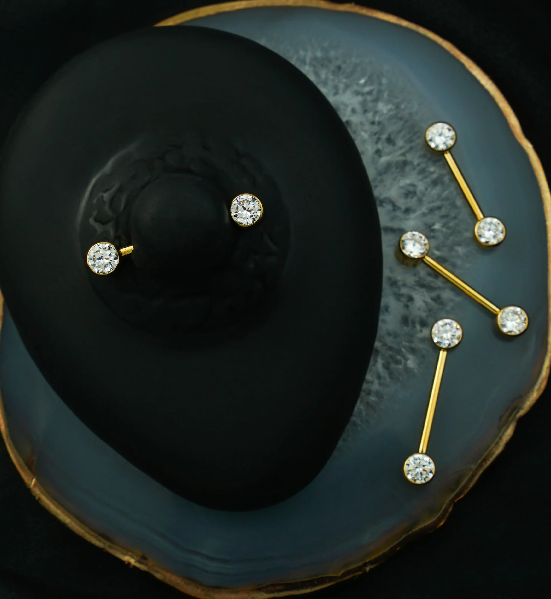 24kt Gold PVD Bezel Clear CZ Threadless Titanium Nipple Barbells - Mrs Treak