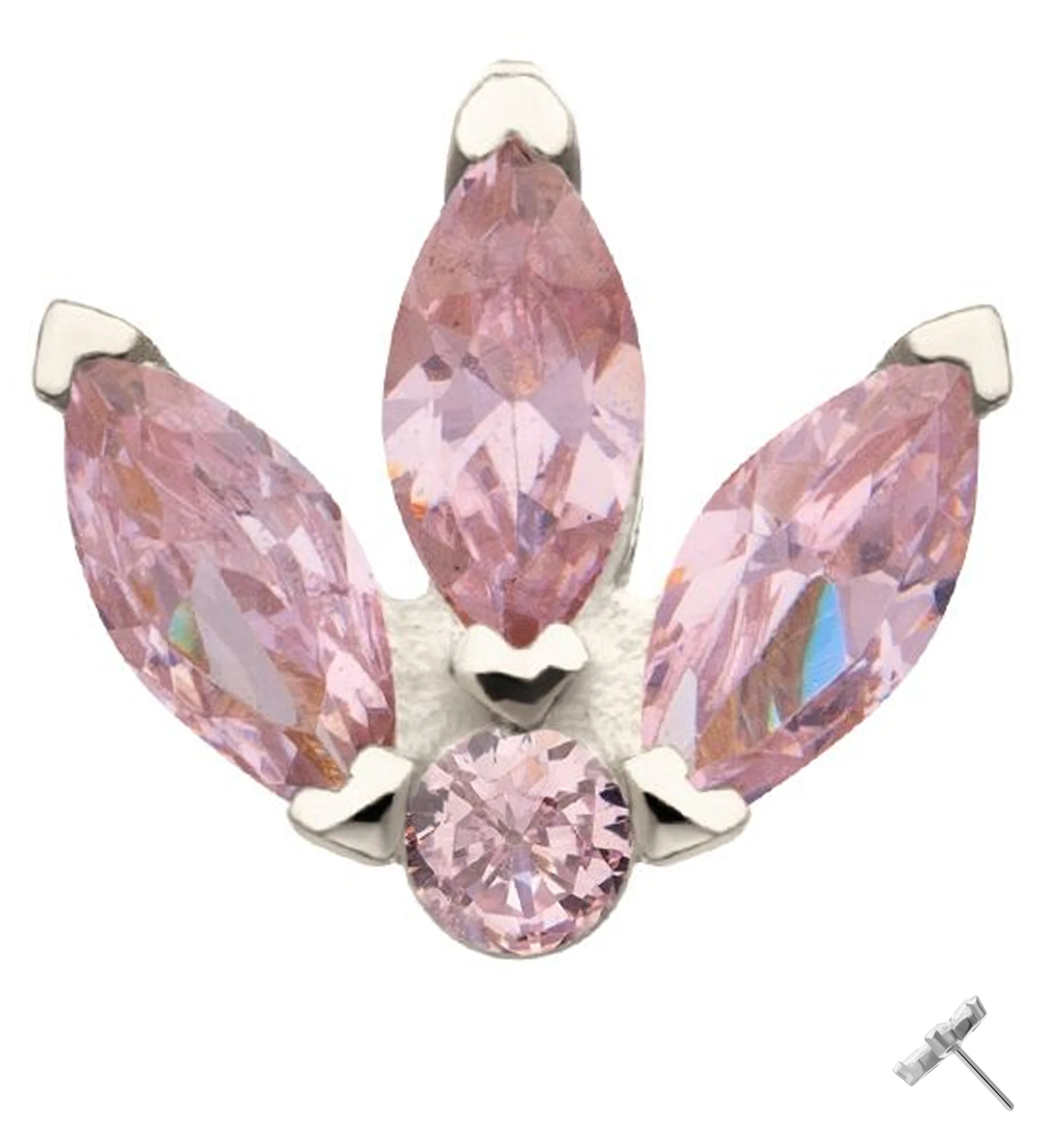14kt White Gold Tri Sepal Pink CZ Threadless Top - Mrs Treak