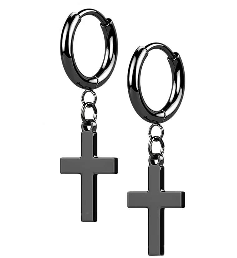 Black PVD Cross Stainless Steel Hinged Earrings - Mrs Treak
