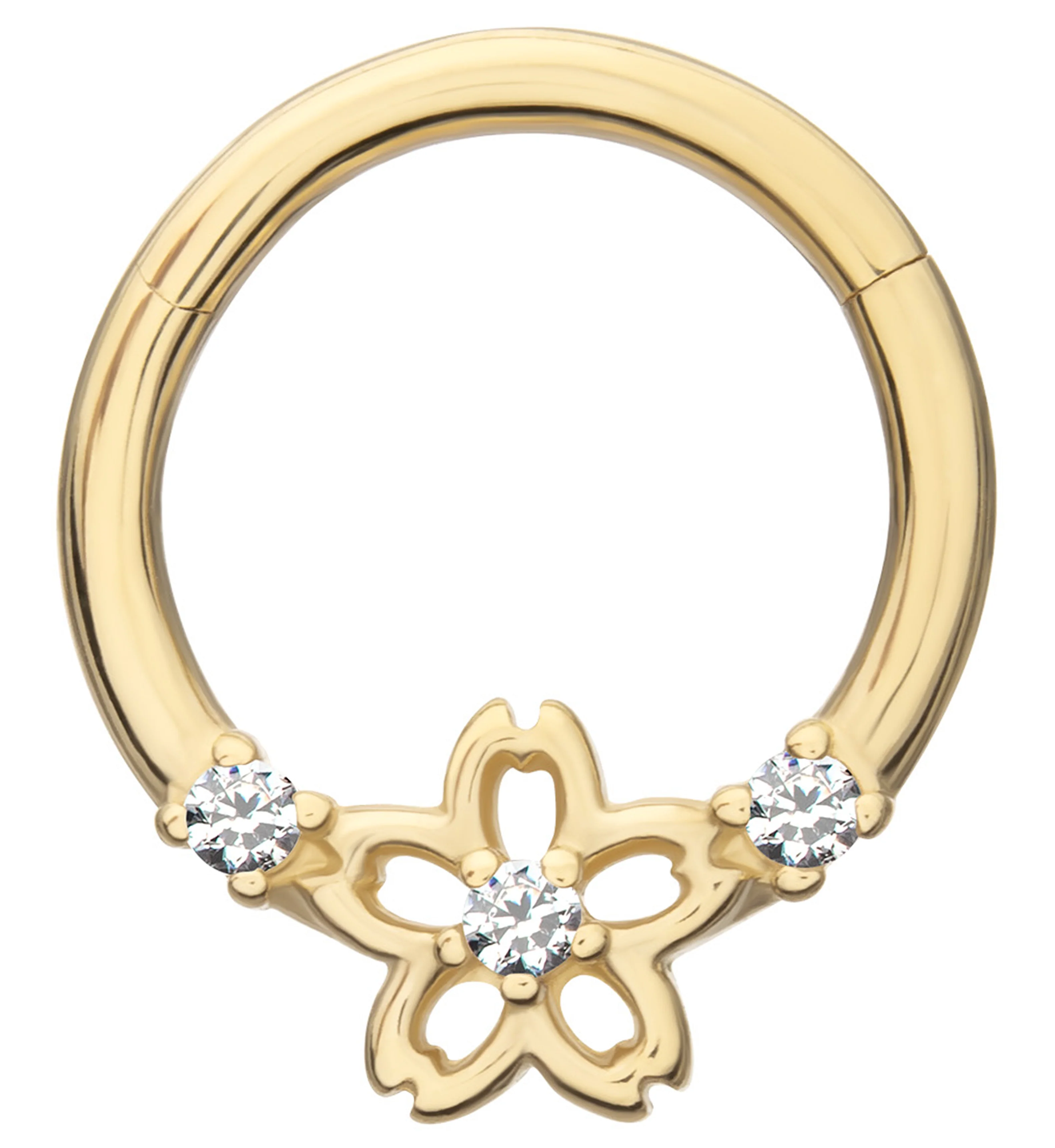 14kt Gold Floral Blossom Clear CZ Hinged Segment Ring - Mrs Treak