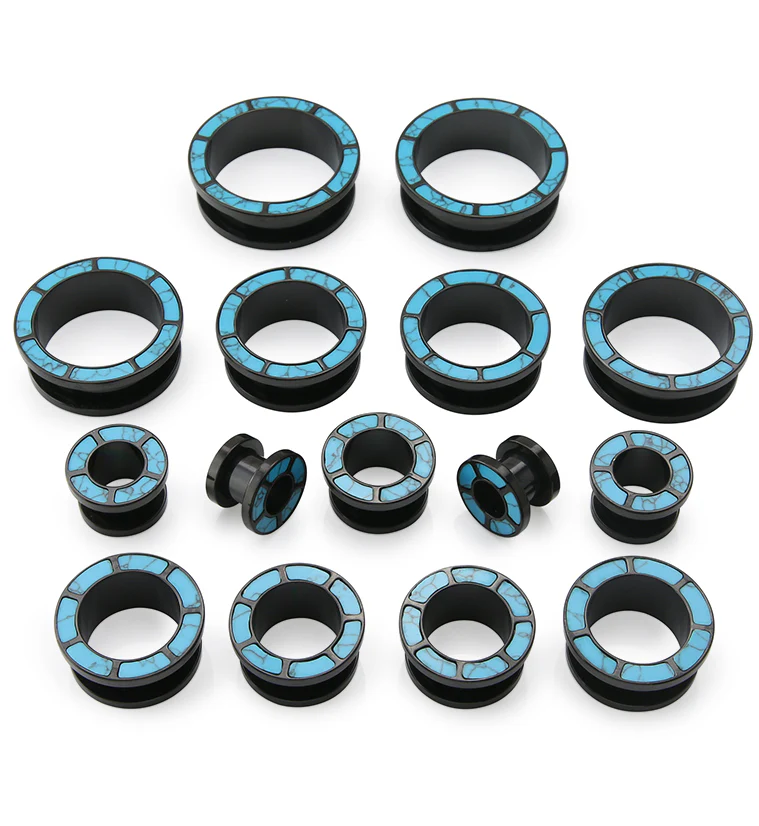 Black PVD Howlite Turquoise Rim Stainless Steel Tunnel Plugs - Mrs Treak