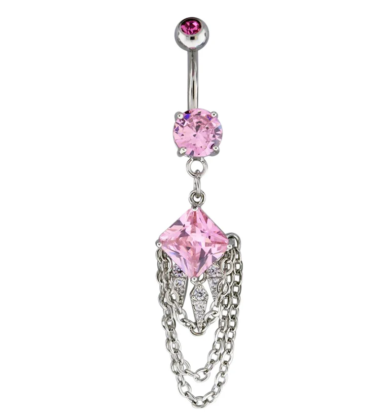Pink Square CZ Dangle Chain Belly Button Ring - Mrs Treak