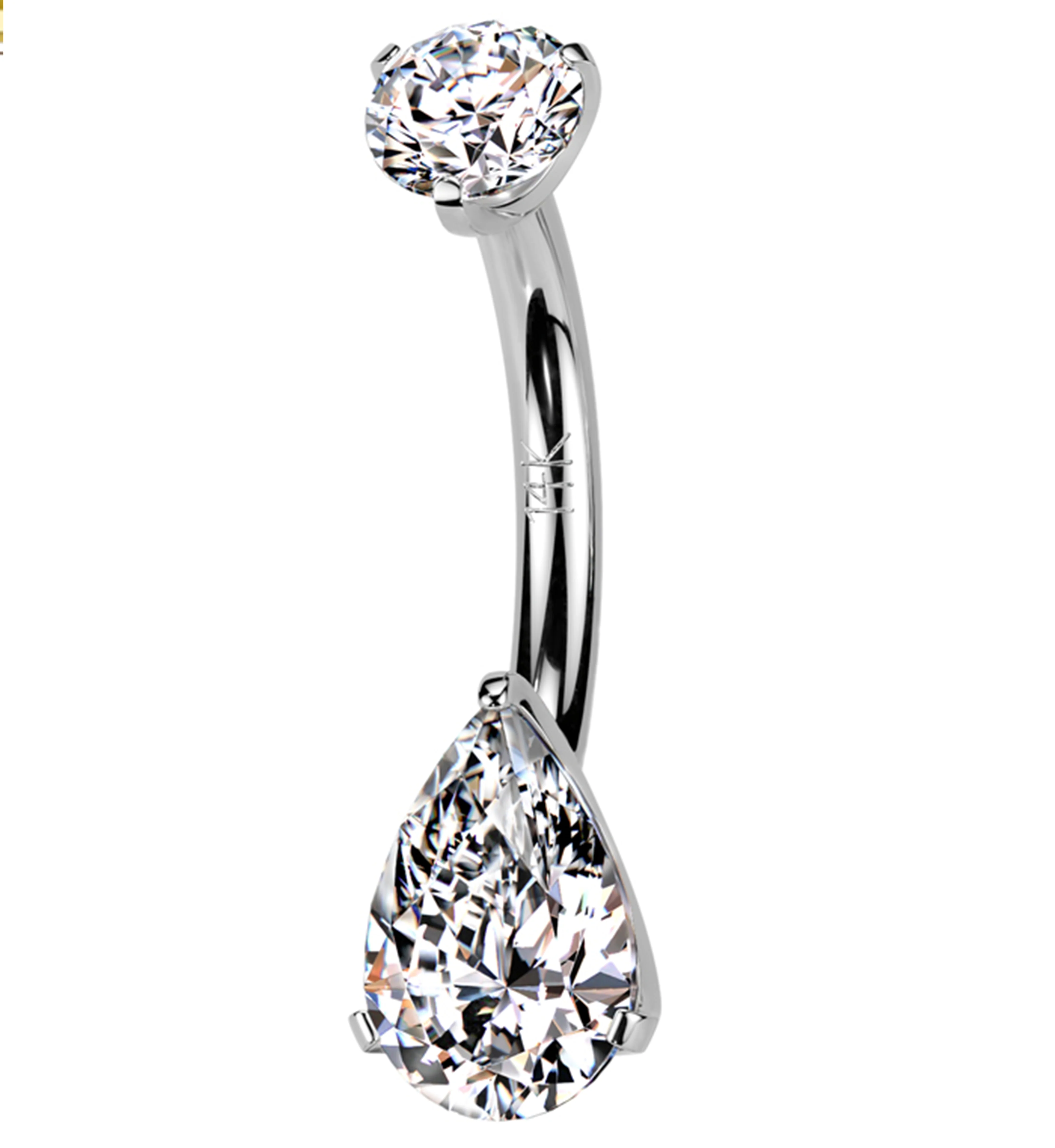 14kt White Gold Prong Teardrop Clear CZ Belly Button Ring - Mrs Treak