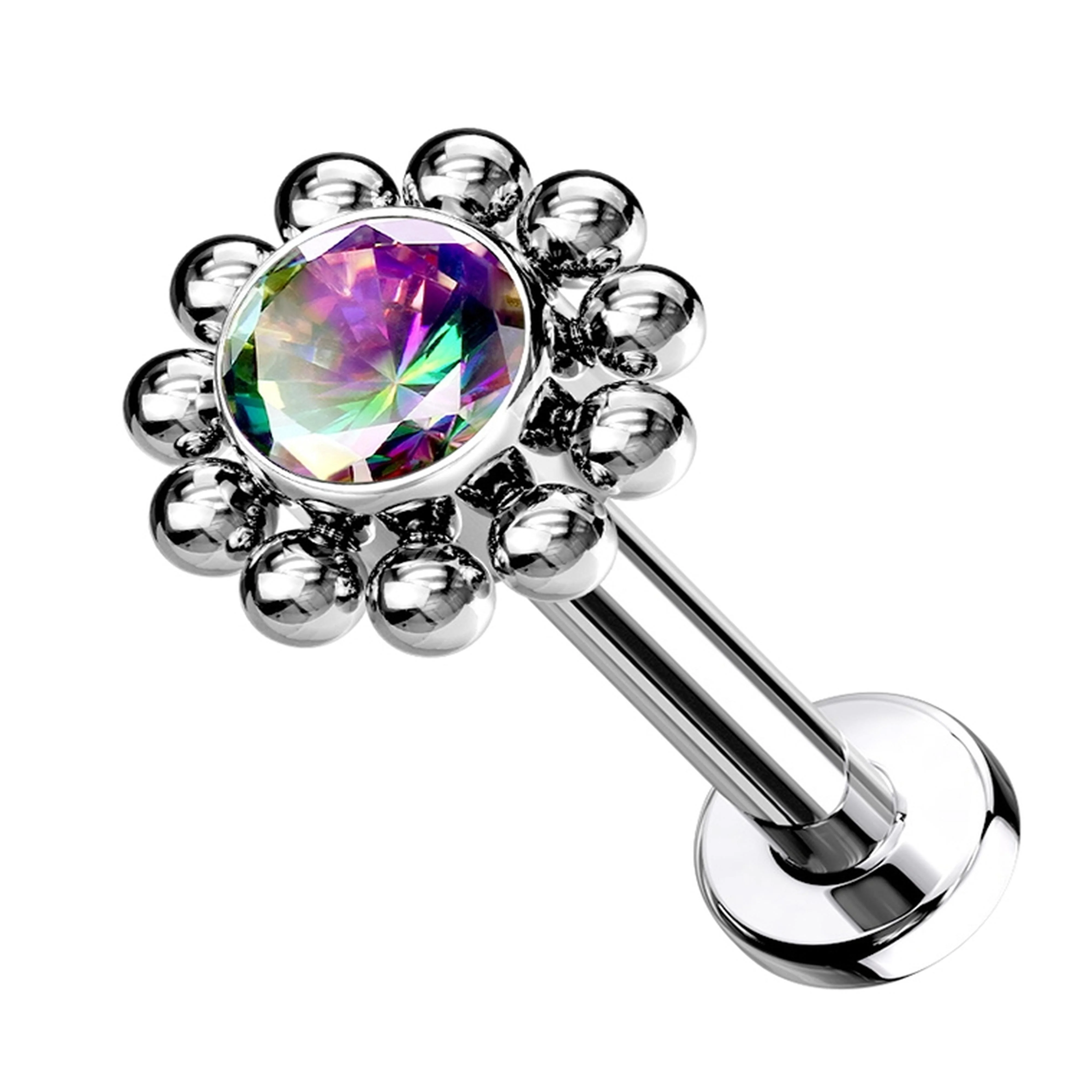 Beaded Verge Black Aurora CZ Titanium Threadless Labret - Mrs Treak