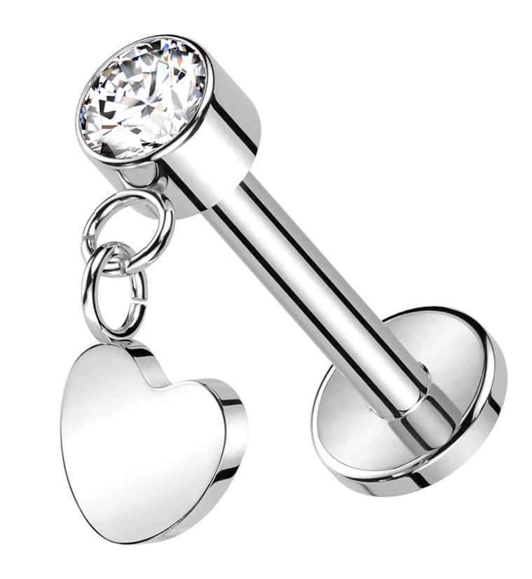 Heart Dangle Clear CZ Titanium Threadless Labret - Mrs Treak