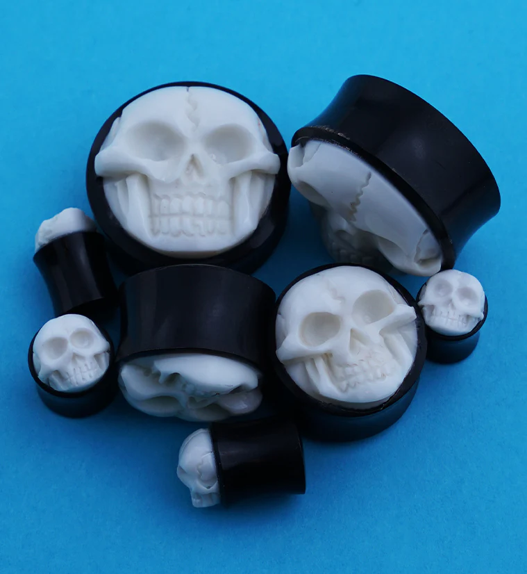 Horn Plugs With Carved Bone Skull Inlay - Mrs Treak