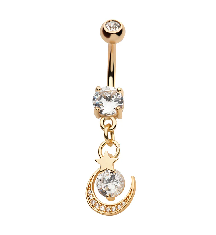 Gold PVD Crescent Moon Star CZ Stainless Steel Belly Button Ring - Mrs Treak