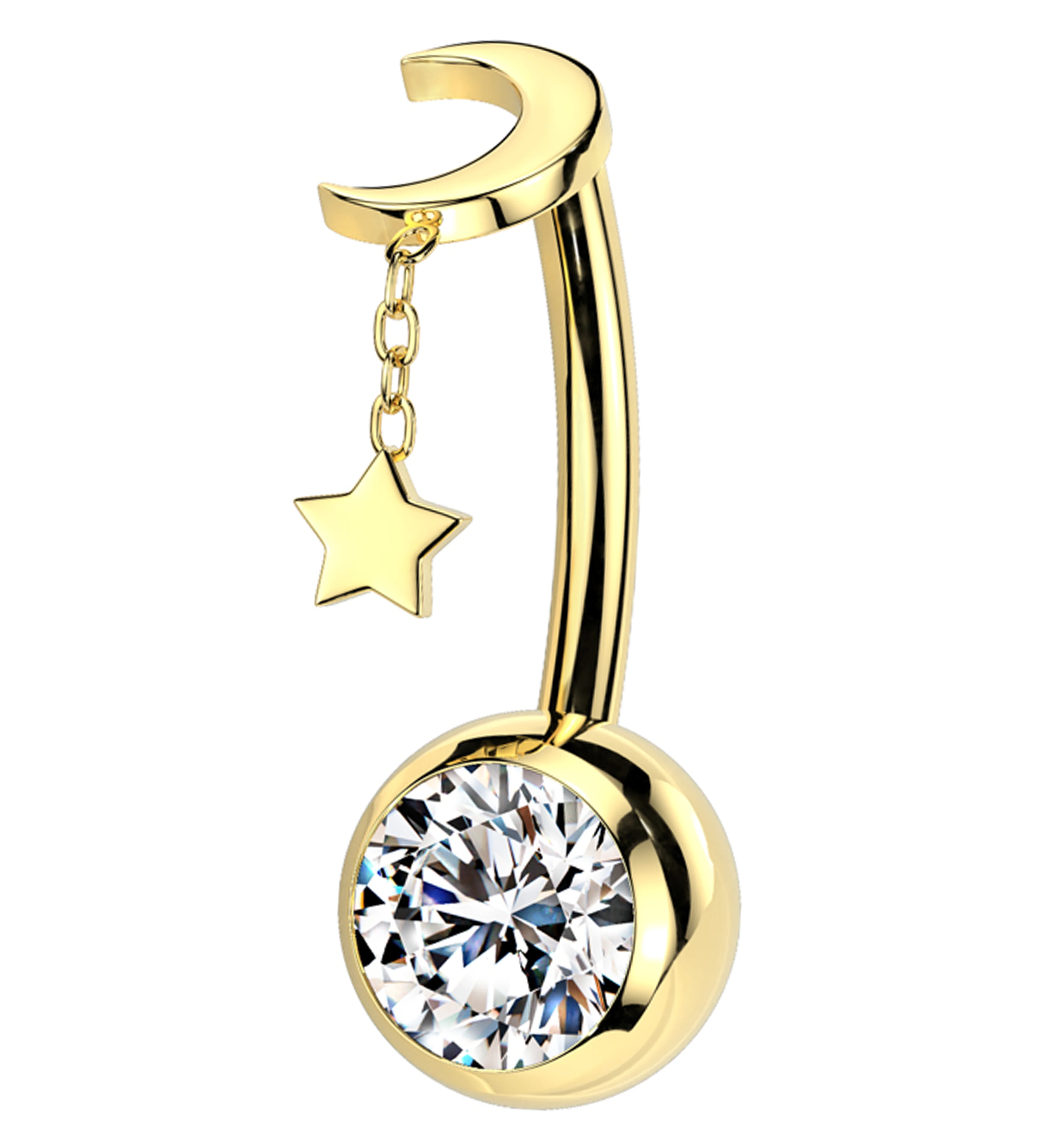 Gold PVD Crescent Dangle Star Clear CZ Titanium Threadless Belly Button Ring - Mrs Treak