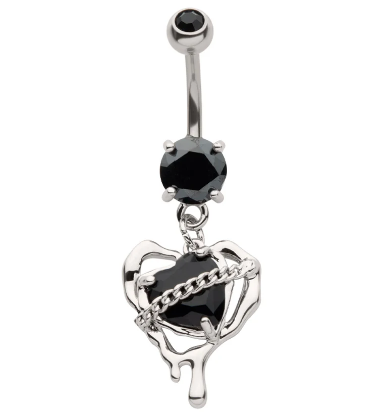 Dripping Heart Black CZ Dangle Stainless Steel Belly Button Ring - Mrs Treak