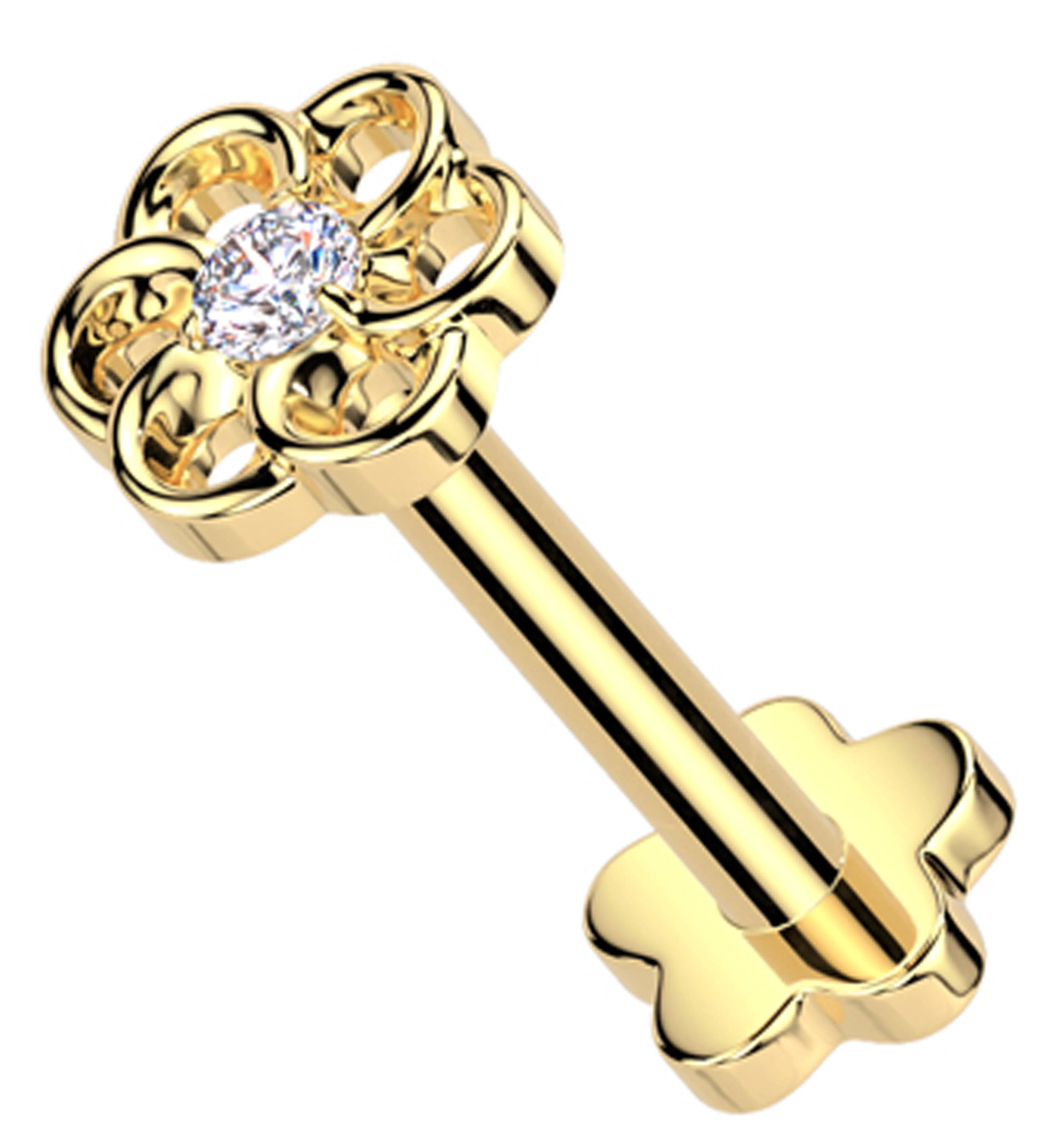 Gold PVD Swirling Flower Clear CZ Threadless Titanium Flower Back Labret - Mrs Treak