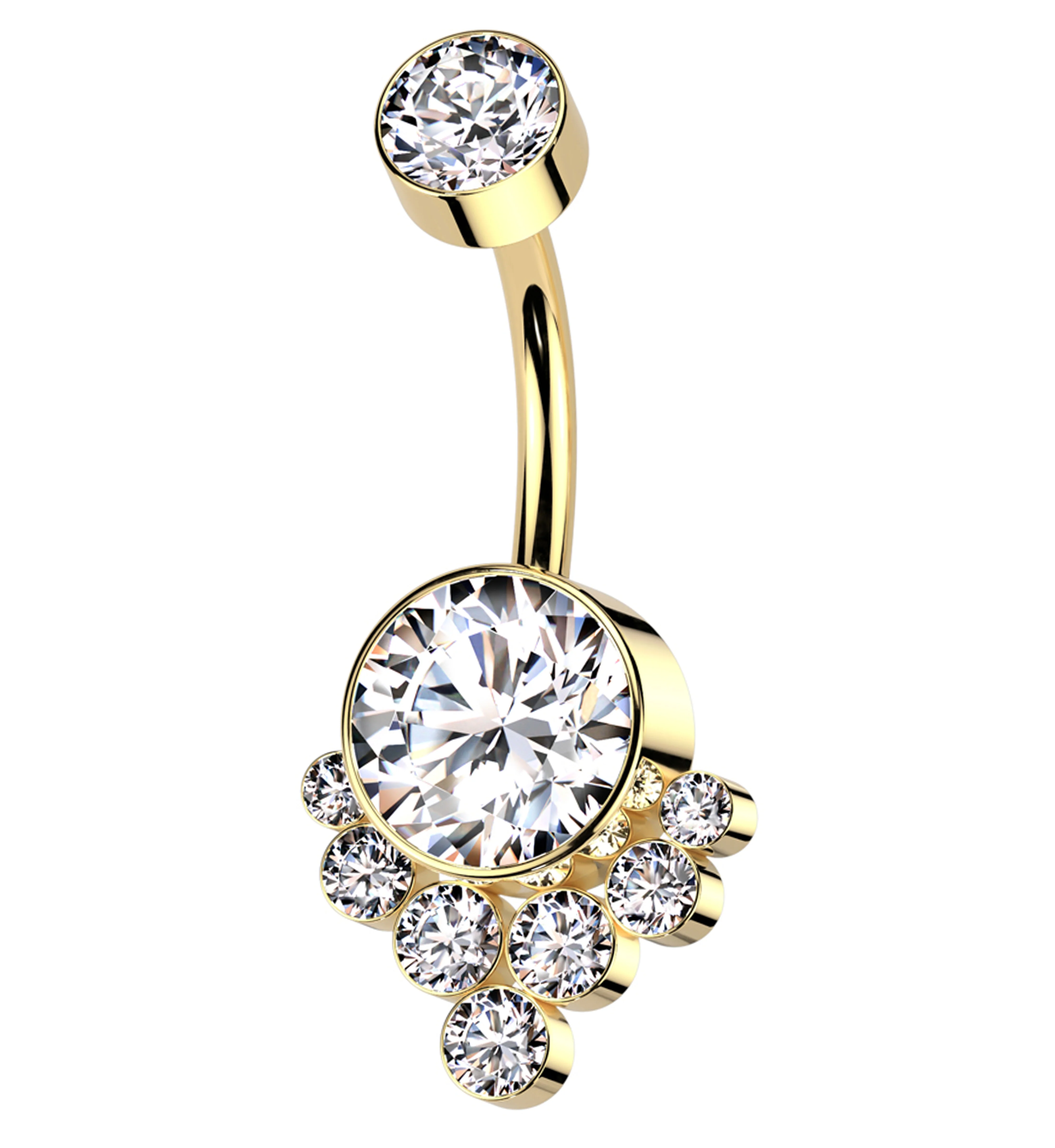 Gold PVD Drop Cluster Clear CZ Titanium Internally Threaded Belly Button Ring - Mrs Treak