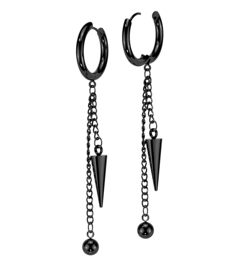 Black PVD Ball Cone Dangle Stainless Steel Hoop Earrings - Mrs Treak