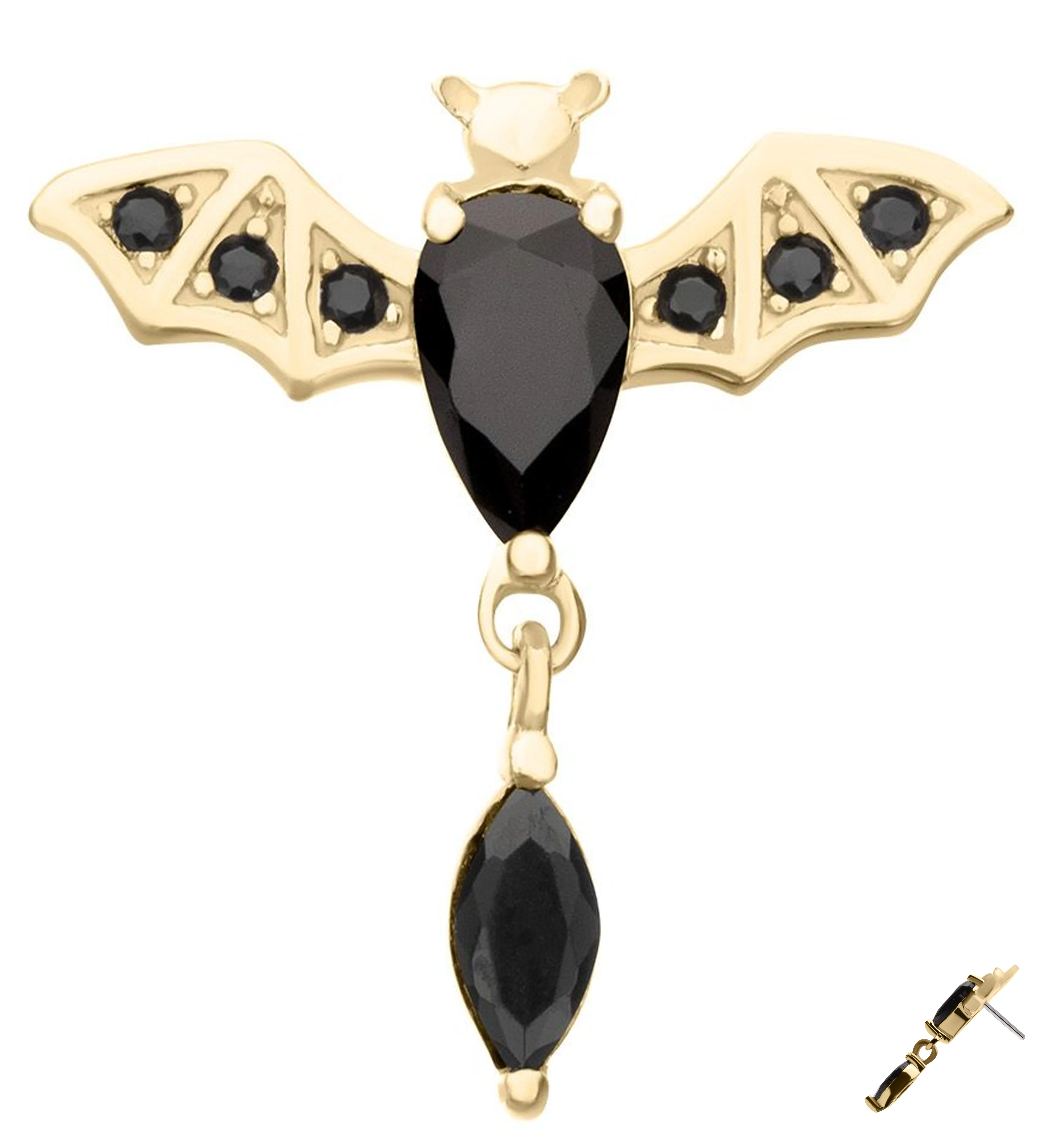 14kt Gold Flying Bat Black CZ Threadless Top - Mrs Treak
