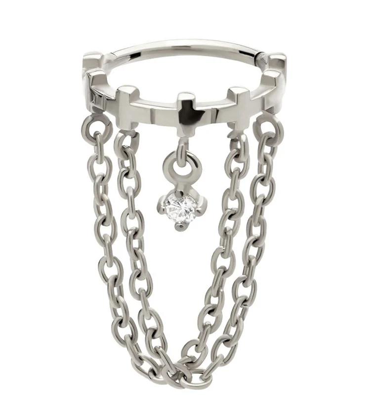 Cross Row Dangle Clear CZ Double Chain Stainless Steel Hinged Segment Ring - Mrs Treak
